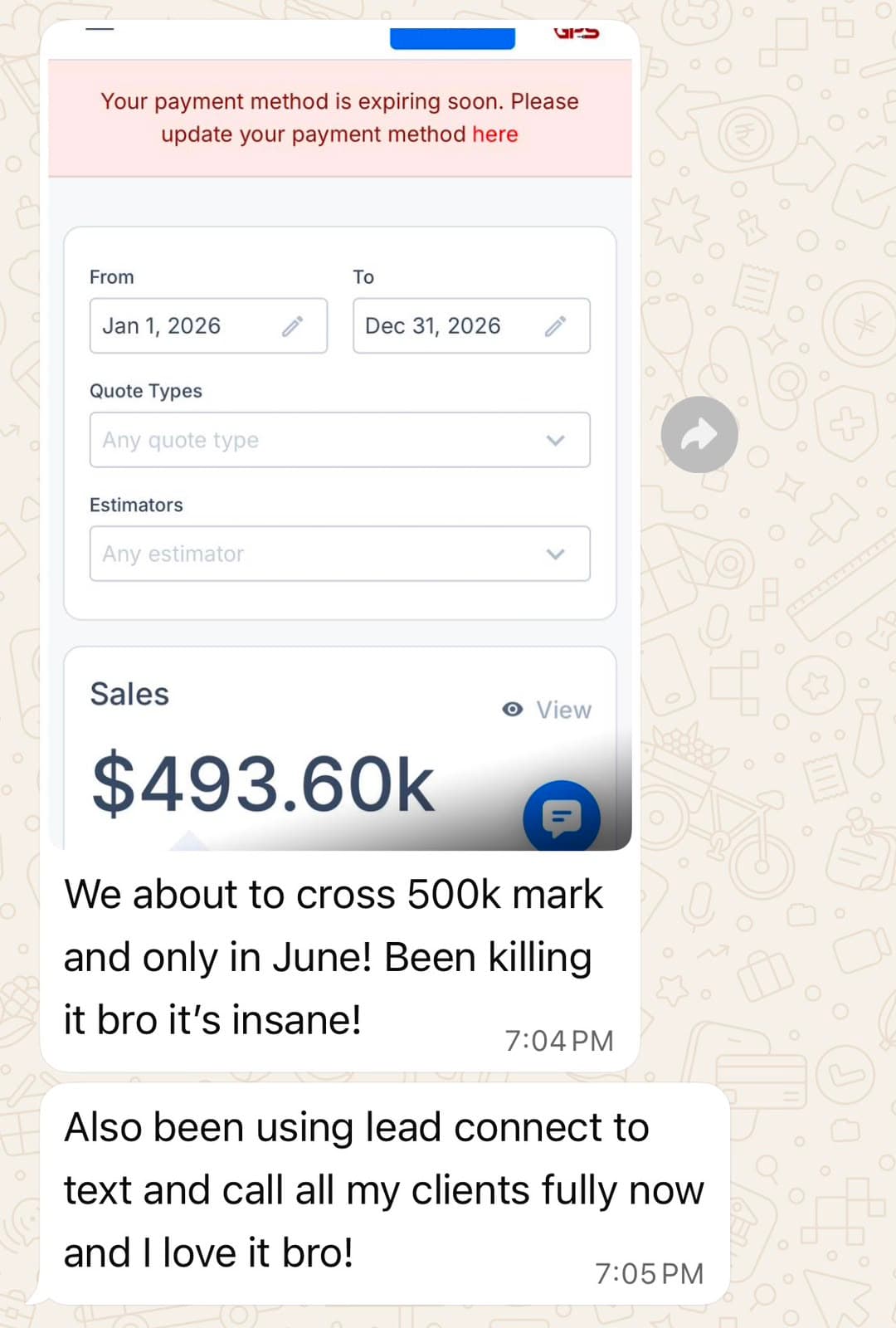 Garcia Painting Services message showing $493.6K in reported sales